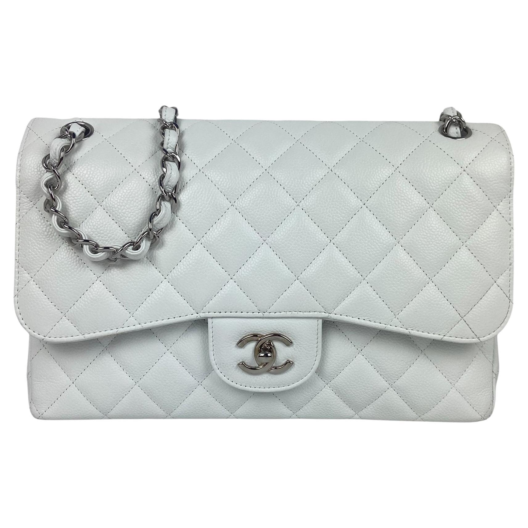 Chanel White Caviar Leather Quilted Single Flap Jumbo Classic Bag