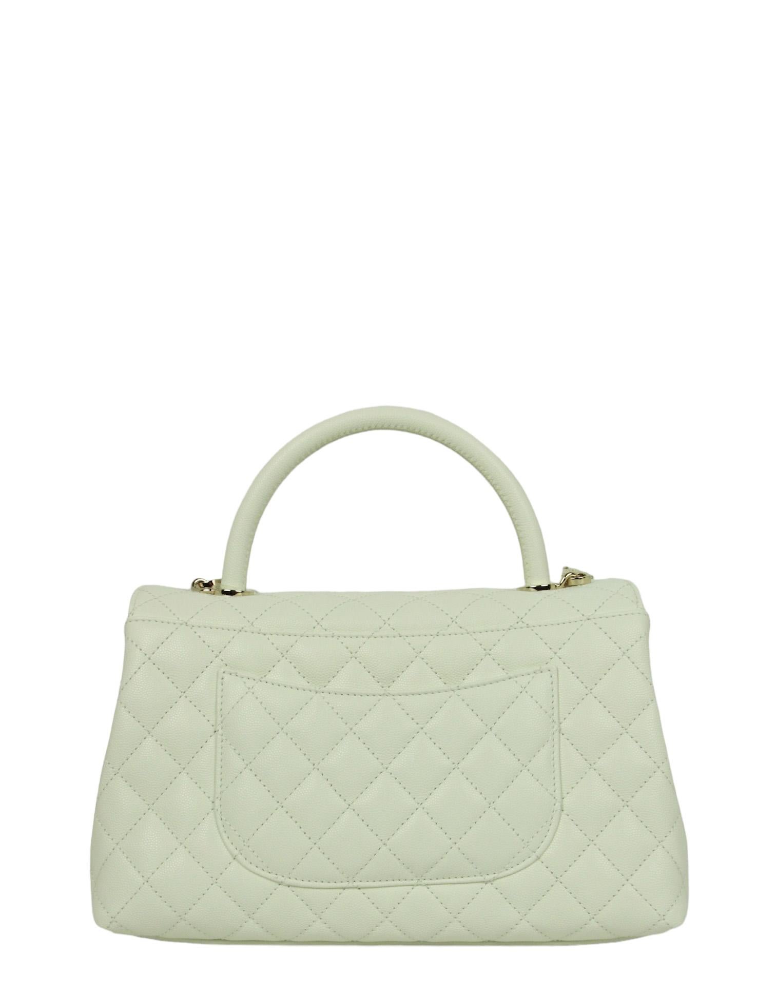 Chanel White Caviar Leather Quilted Small Coco Handle Flap Bag In Excellent Condition For Sale In New York, NY