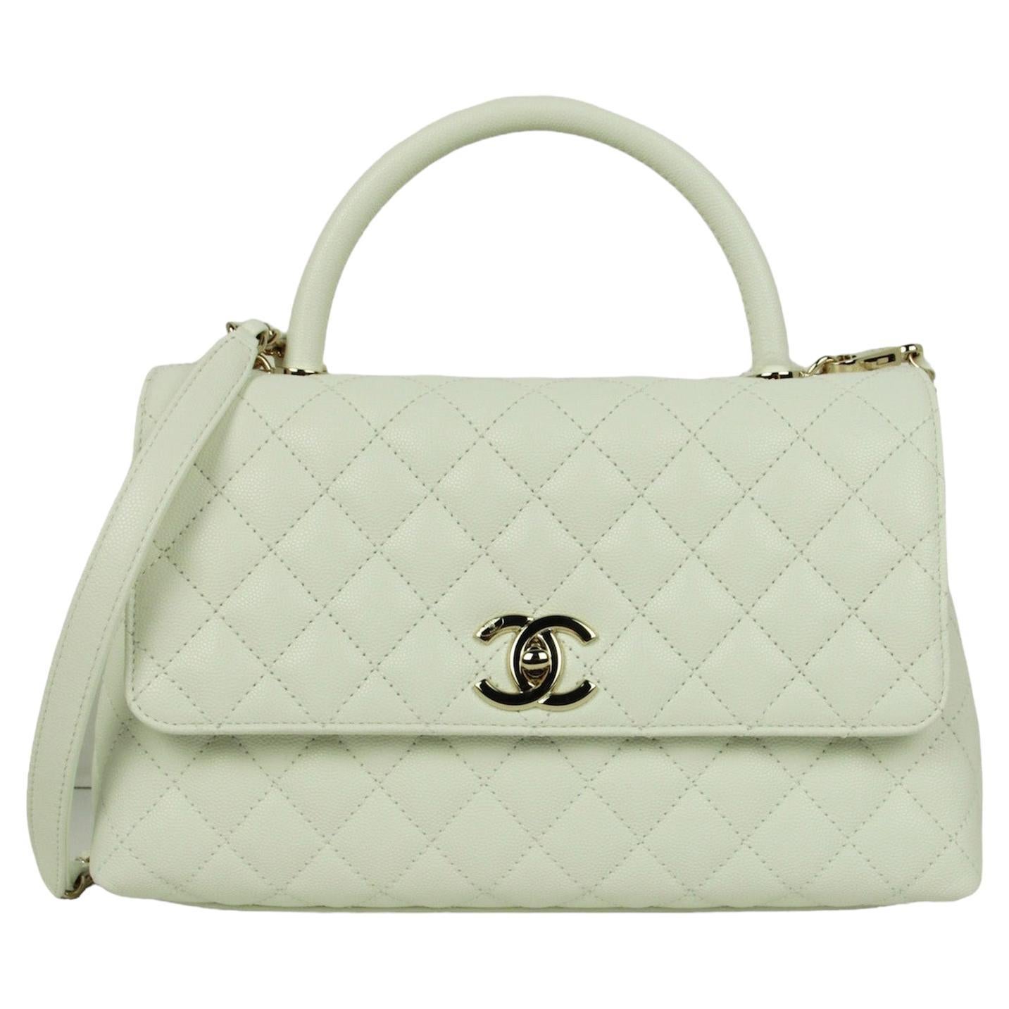Chanel White Caviar Leather Quilted Small Coco Handle Flap Bag For Sale