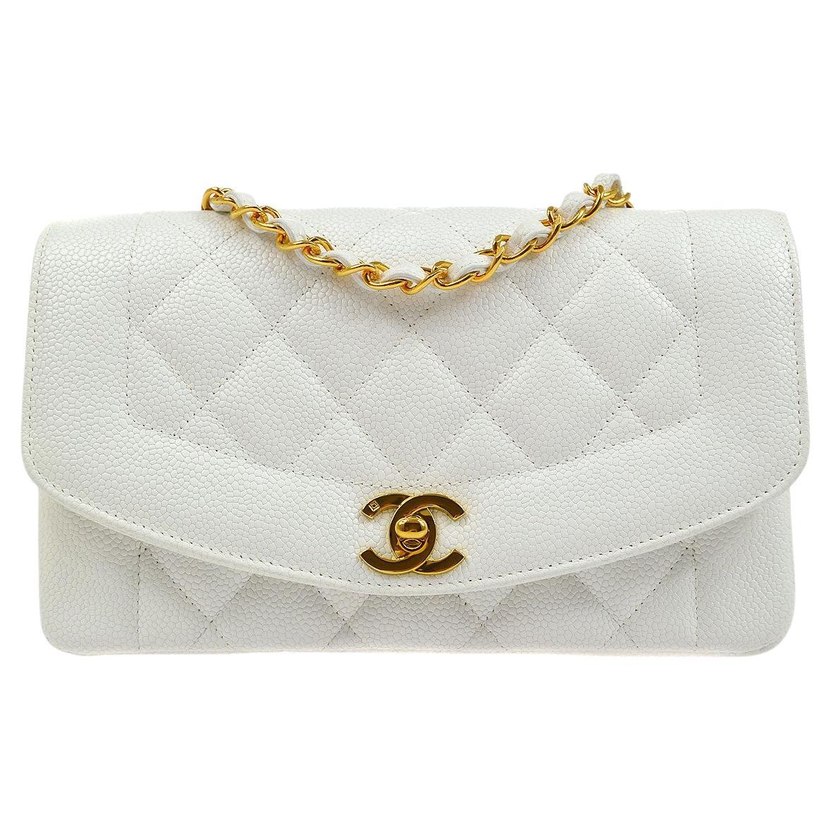 CHANEL White Caviar Leather Small Diana Gold Hardware Shoulder