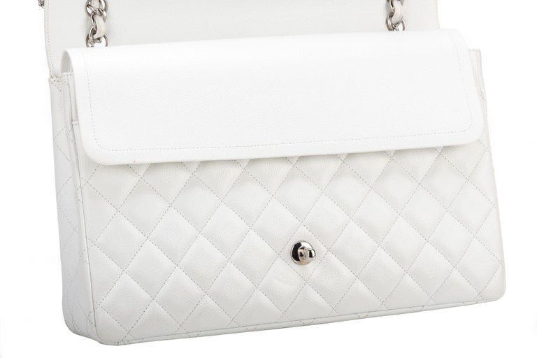 Chanel White Caviar Leather Double Flap Bag ($4,125) ❤ liked on