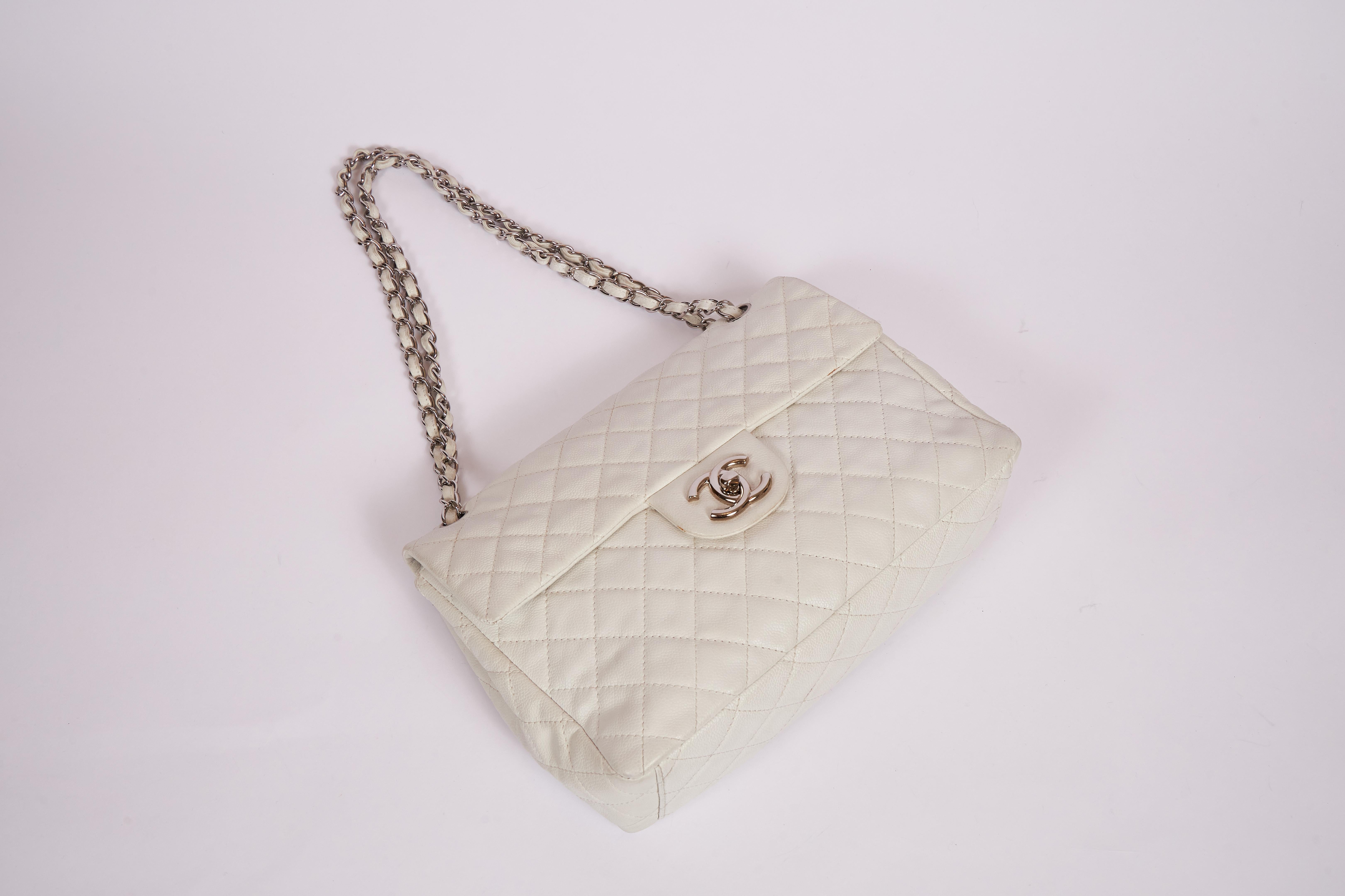 Women's Chanel White Caviar Maxi Single Flap Bag