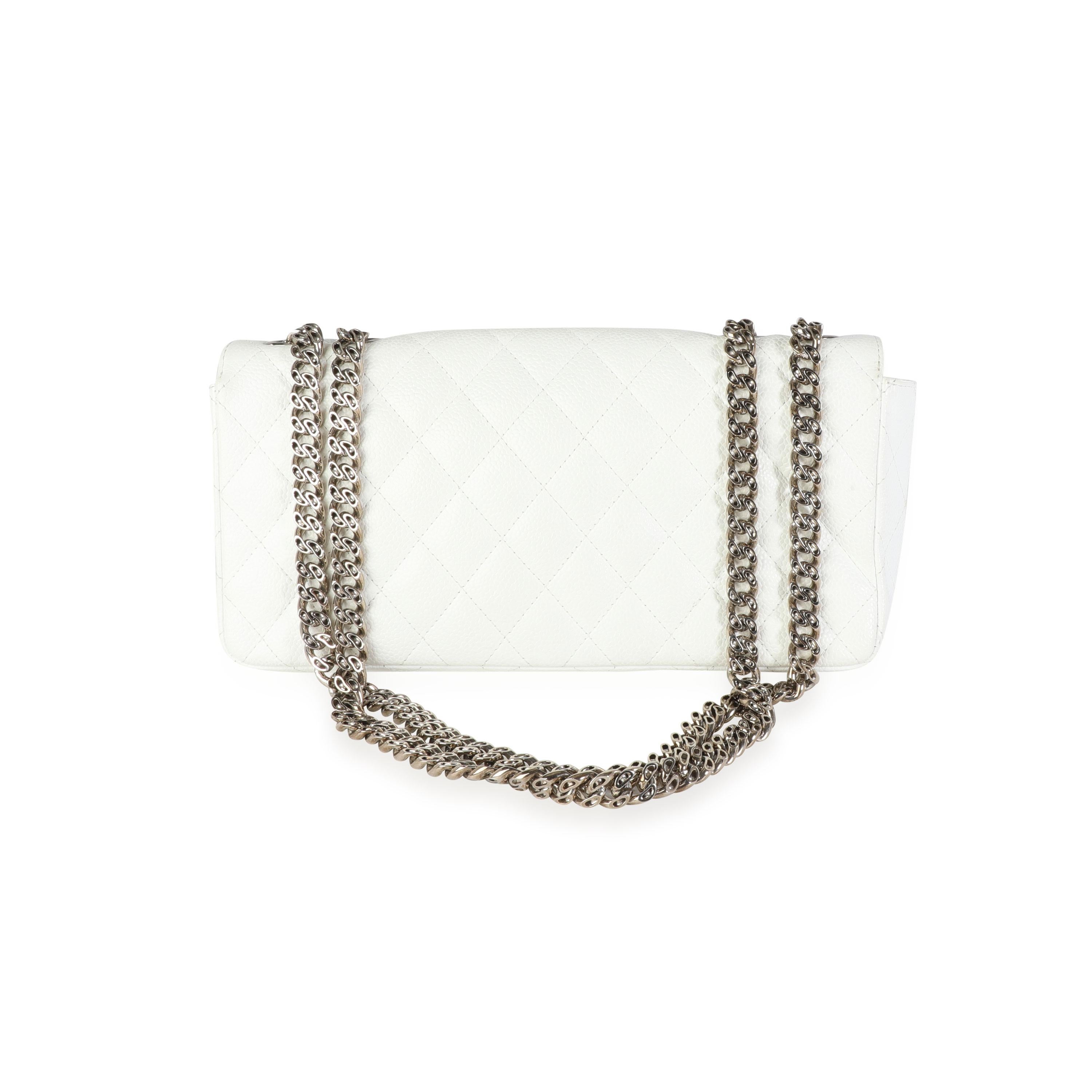 Chanel White Caviar Quilted East West Bijoux Single Flap Bag In Excellent Condition In New York, NY