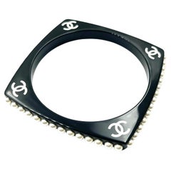 Chanel Rare White CC Black Resin Pearl Edge Bangle Bracelet