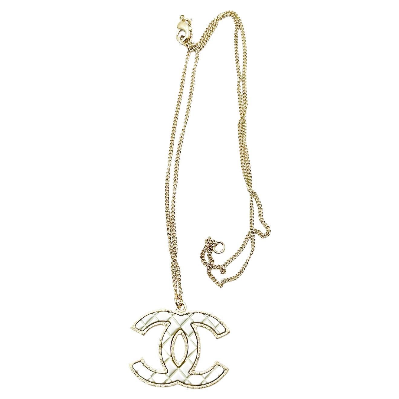 Chanel White CC Plaid Gold Frame Necklace  For Sale