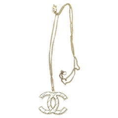 Chanel White CC Plaid Gold Frame Necklace 