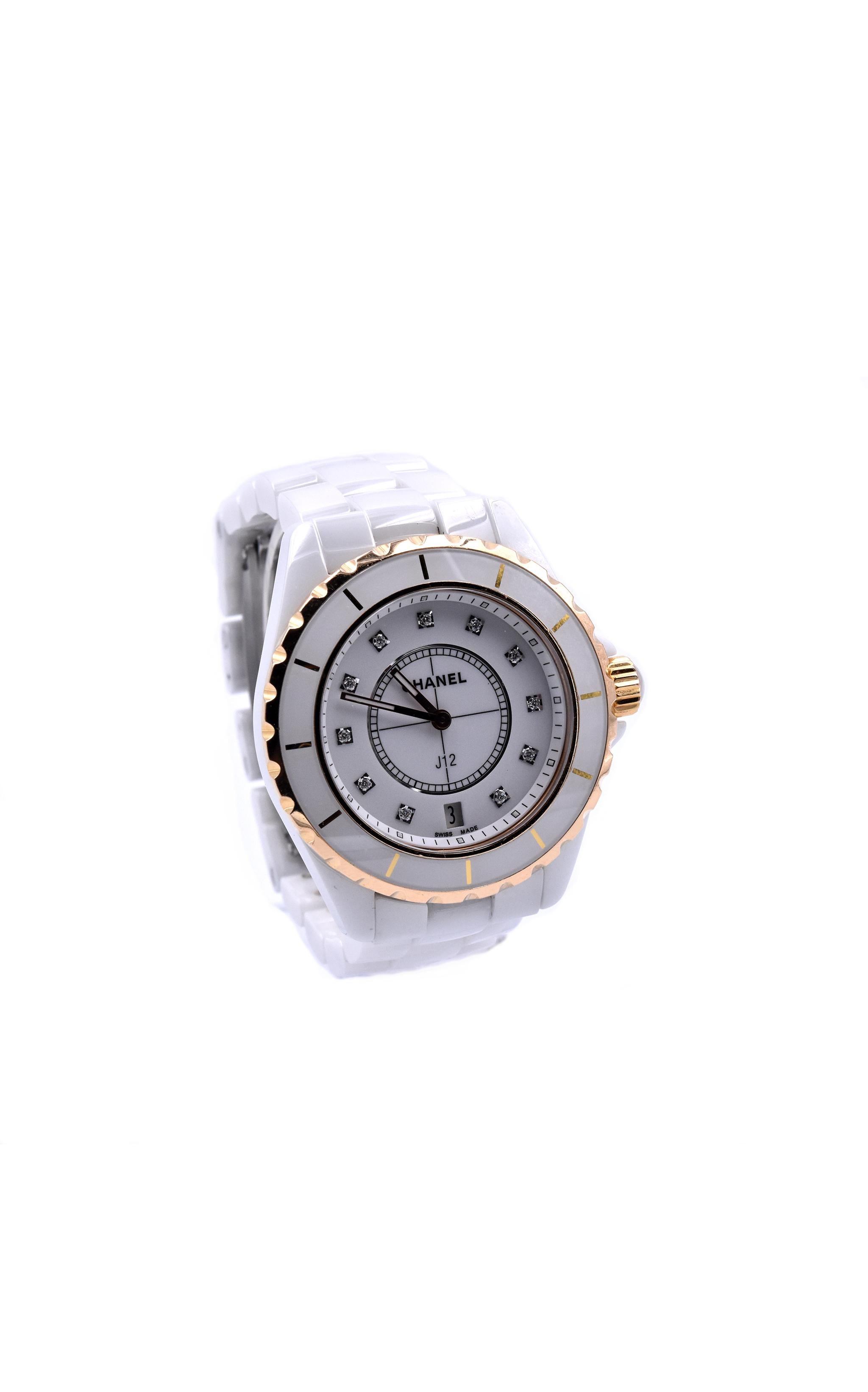 Movement: quartz
Function: hours, minutes, seconds, date between 4-5
Case: 38mm white ceramic case, 18K rose gold ni-directional rotating bezel, sapphire crystal, water resistant to 200 meters
Band: white ceramic bracelet with butterfly clasp
Dial: