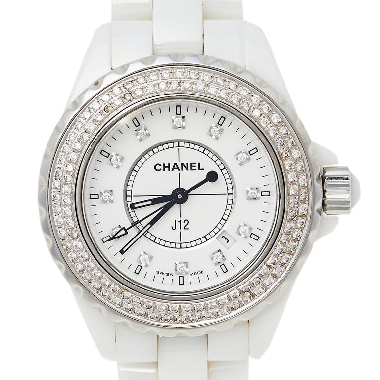 Chanel White Ceramic and Stainless Steel Diamond J12 Women's Wristwatch 33  MM