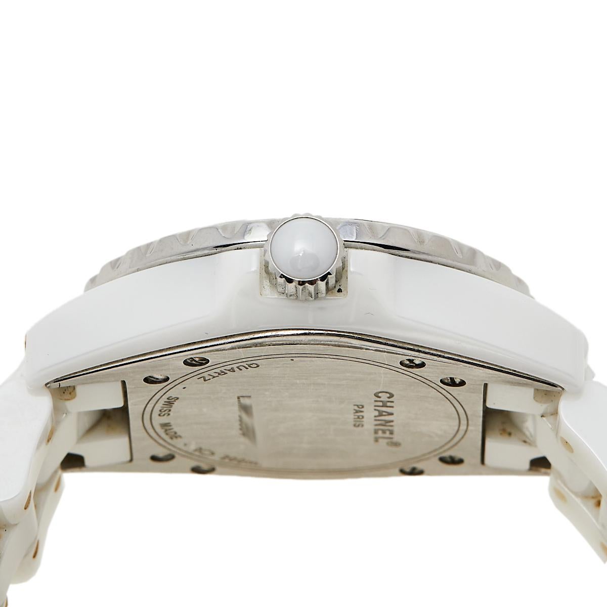Contemporary Chanel White Ceramic and Stainless Steel Diamond J12 Women's Wristwatch 33 MM