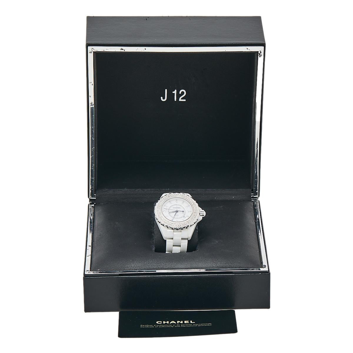 Chanel White Ceramic and Stainless Steel Diamond J12 Women's Wristwatch 33 MM 2
