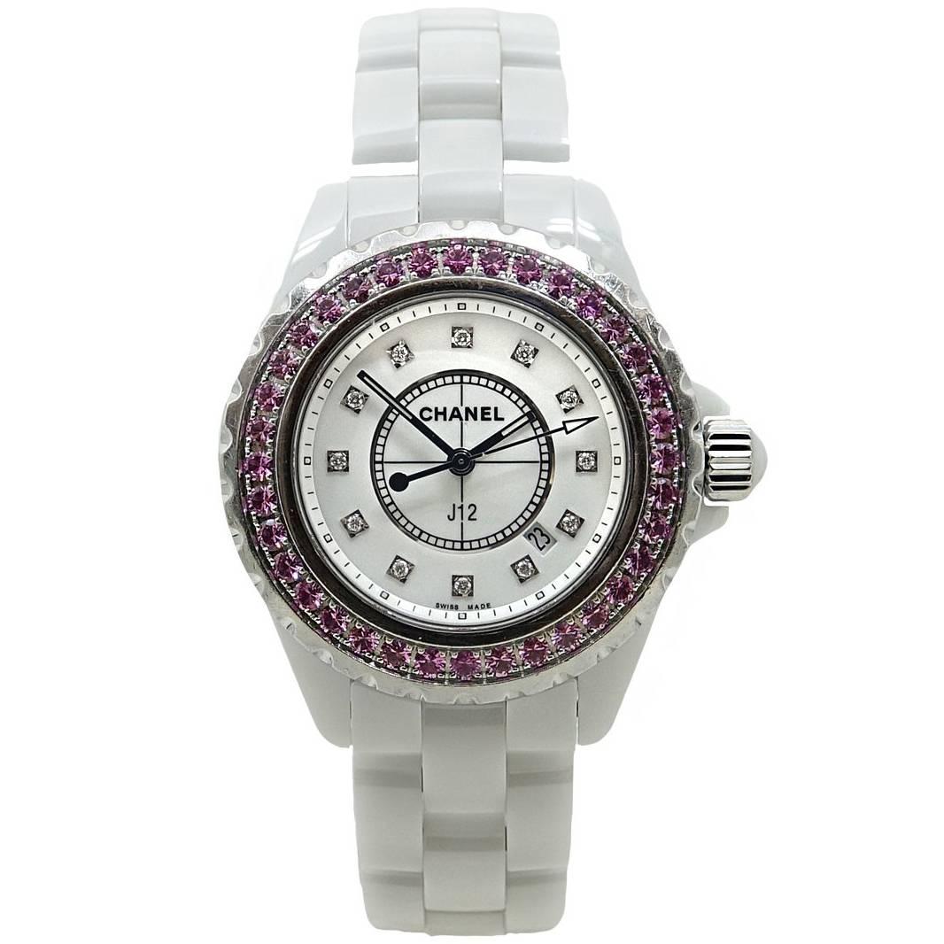 Chanel White Ceramic J12 Pink Sapphire Quartz Wristwatch  For Sale