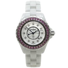 Chanel White Ceramic J12 Pink Sapphire Quartz Wristwatch 