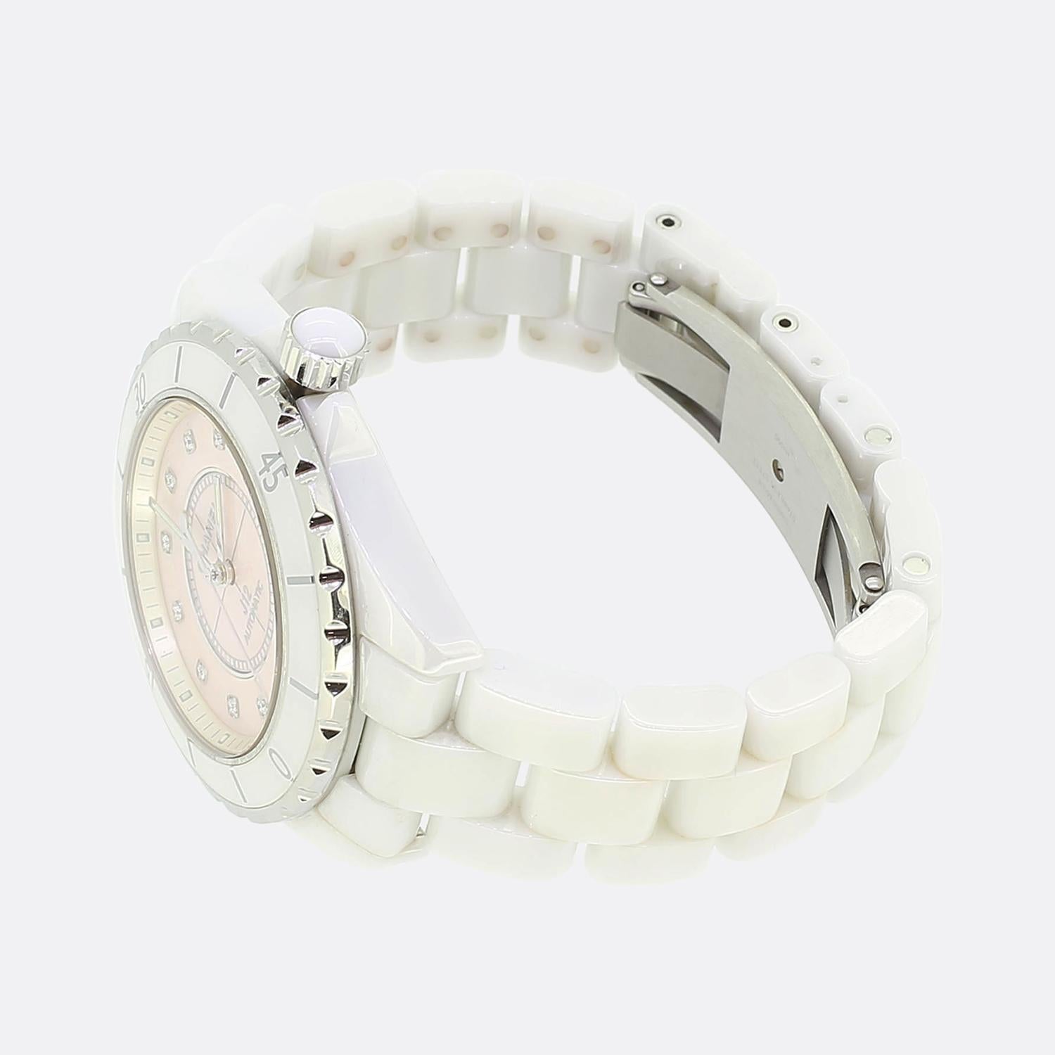 Round Cut Chanel White Ceramic Pink Dial Automatic Ladies Wristwatch Ref.35606 For Sale