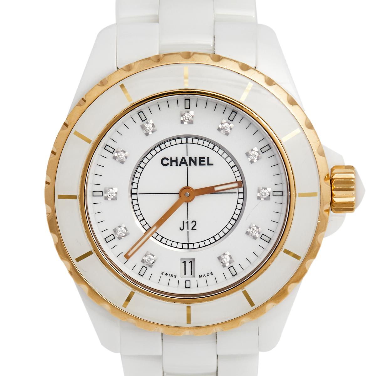 Flaunt this gorgeous timepiece by Chanel on your wrist and capture everyone's admiring glances. This wristwatch is made from white ceramic featuring a 38 mm round case. It has a uni-directional rotating bezel accented with gold-plated stainless