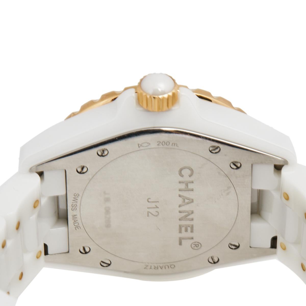 Contemporary Chanel White Ceramic Rose Gold Plated Stainless Steel Diamond J12 H2180 Women's