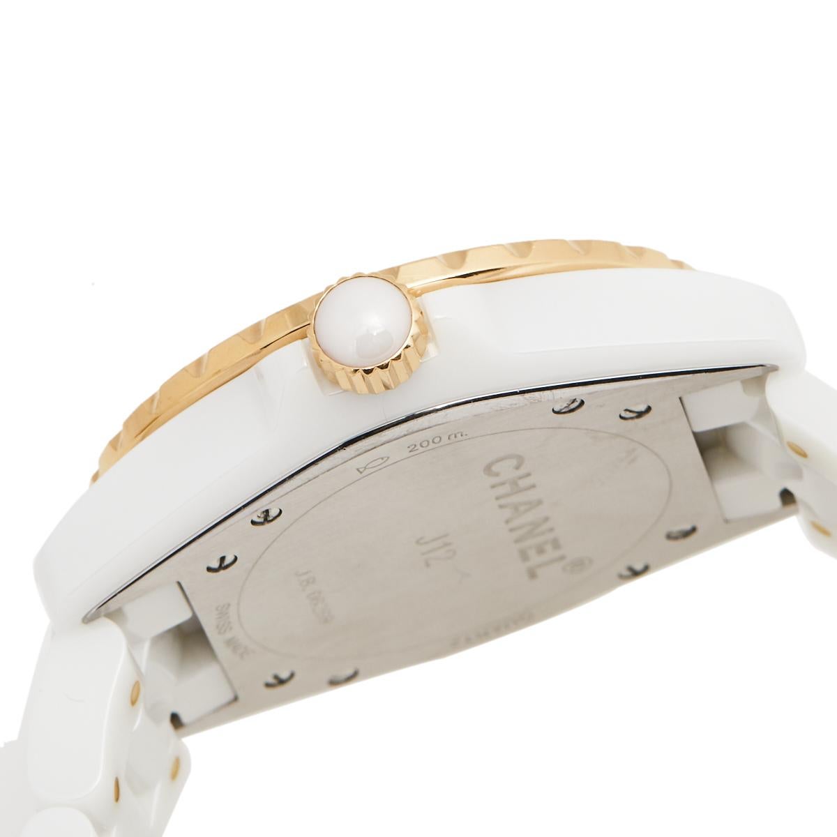 Rose Cut Chanel White Ceramic Rose Gold Plated Stainless Steel Diamond J12 H2180 Women's