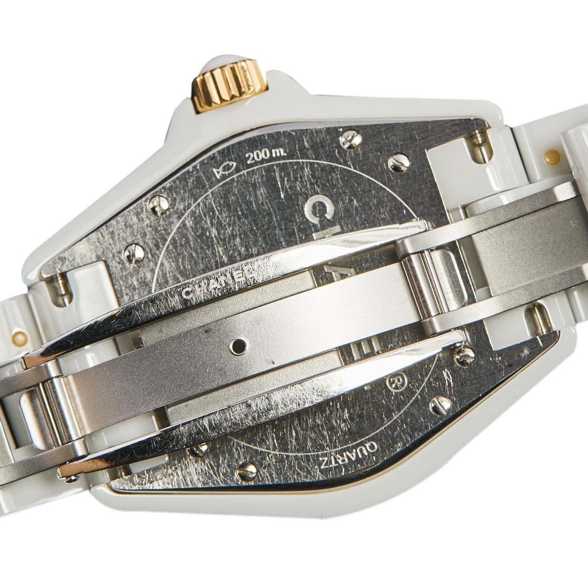 Chanel White Ceramic Rose Gold Plated Stainless Steel Diamond J12 H2180 Women's In Good Condition In Dubai, Al Qouz 2