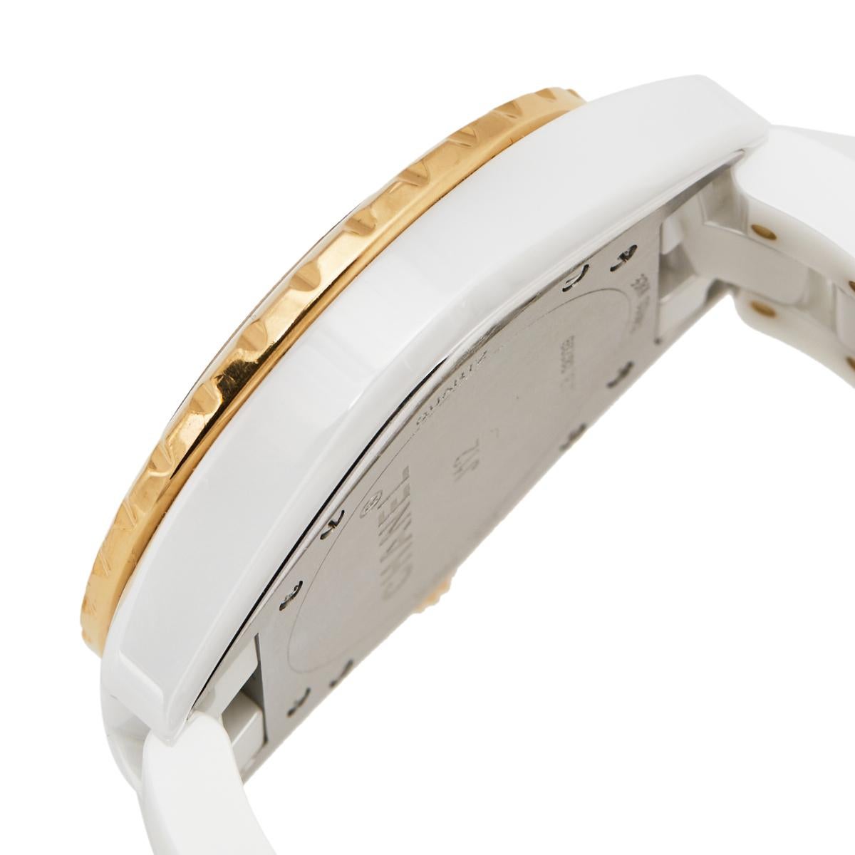 Chanel White Ceramic Rose Gold Plated Stainless Steel Diamond J12 H2180 Women's 1