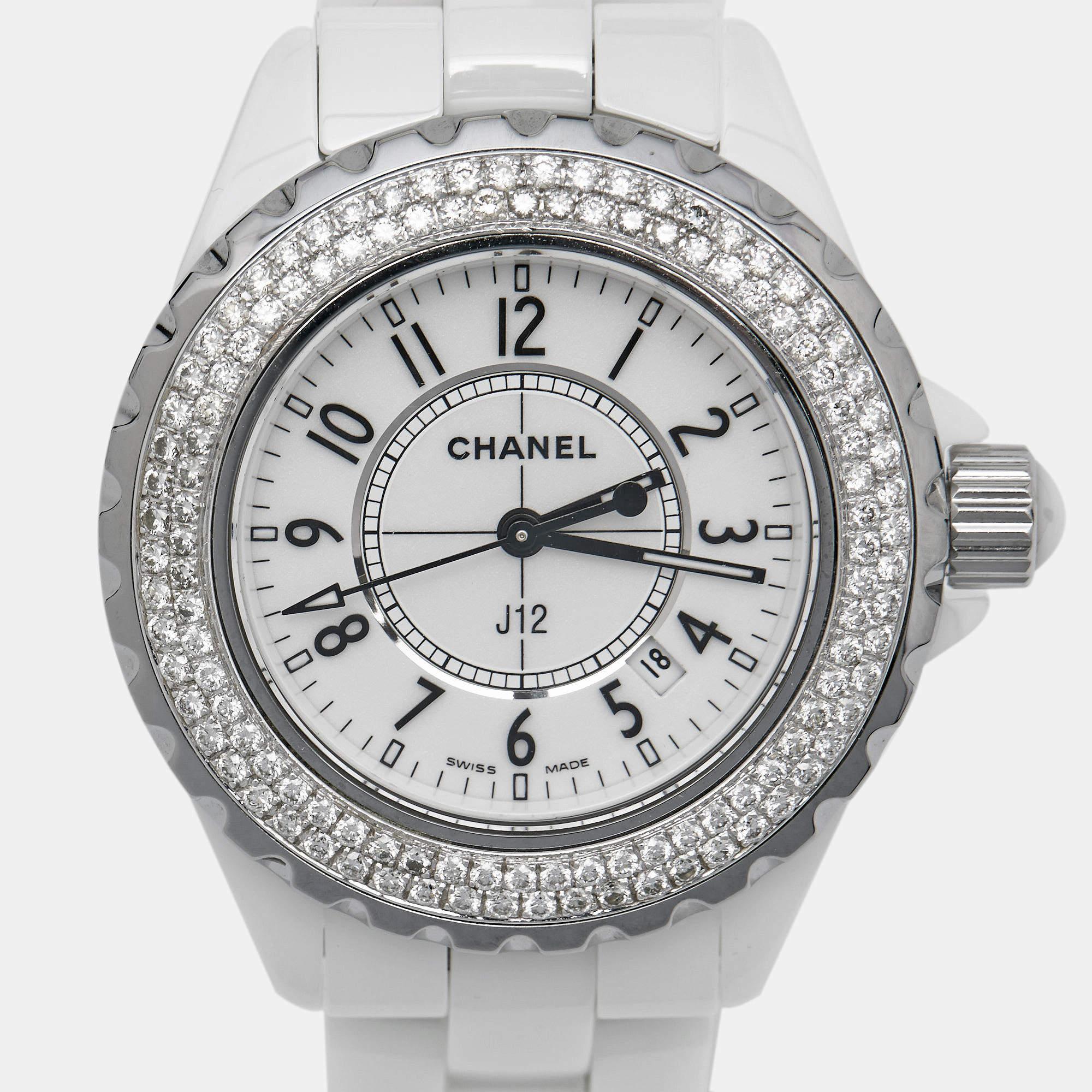 Contemporary Chanel White Ceramic Stainless Steel Diamond J12 Women's Wristwatch 33 mm