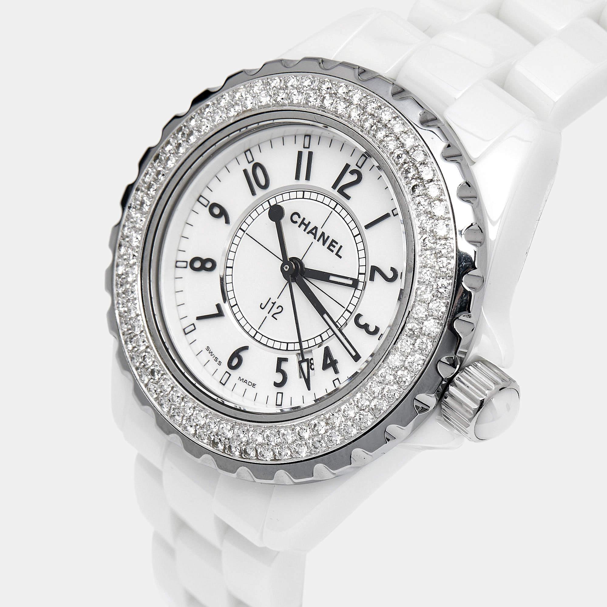 Antique Cushion Cut Chanel White Ceramic Stainless Steel Diamond J12 Women's Wristwatch 33 mm