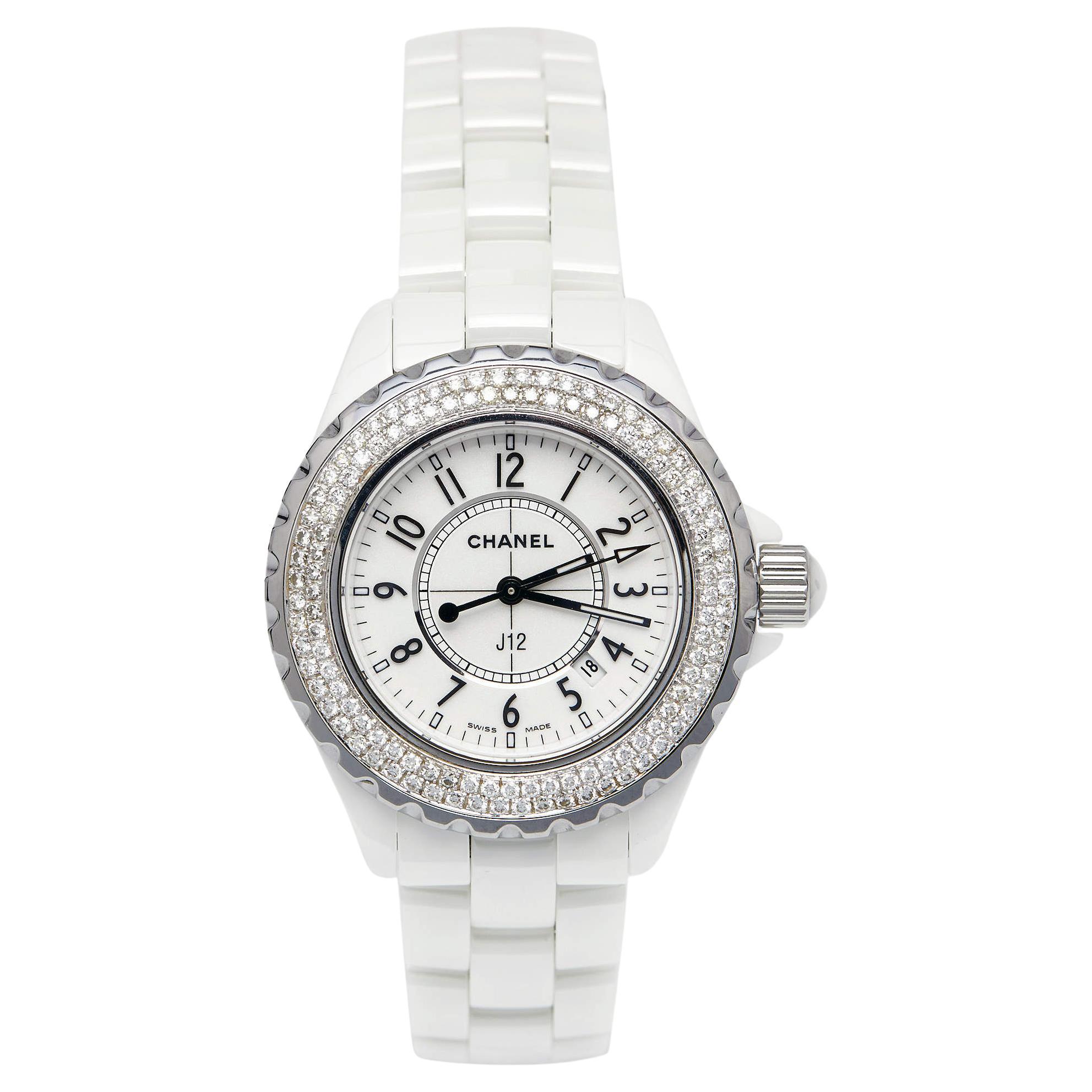 Chanel White Ceramic Stainless Steel Diamond J12 Women's Wristwatch 33 mm