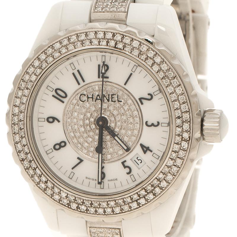 Contemporary Chanel White Ceramic Stainless Steel Diamond J12 Women's Wristwatch 38 mm