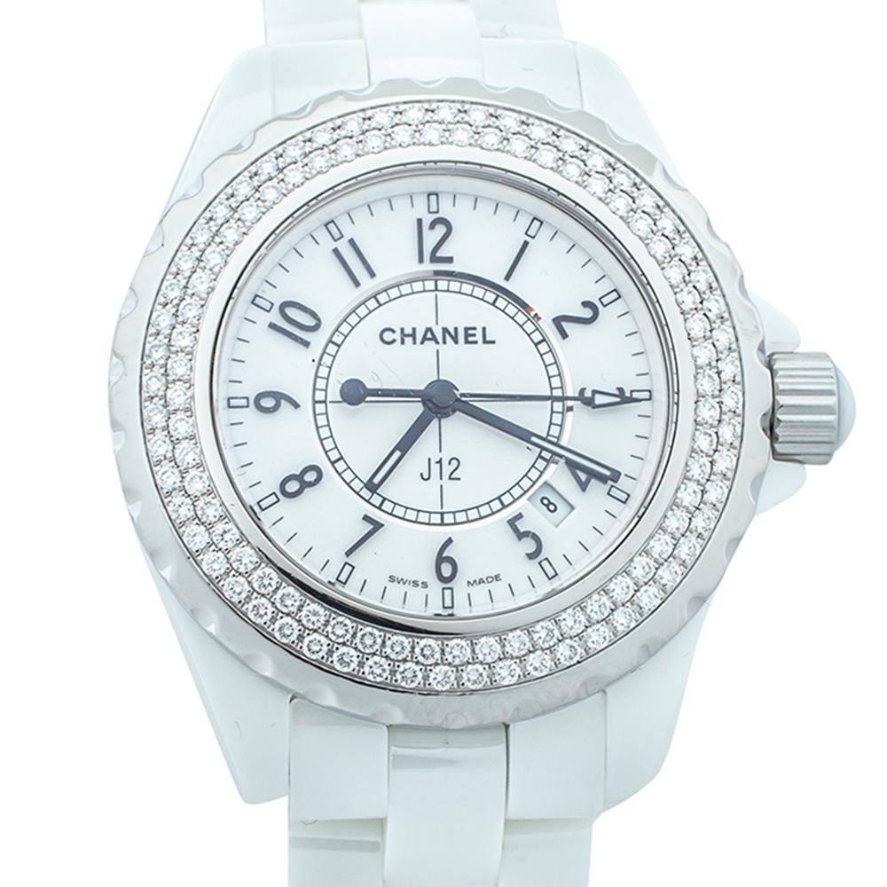 Contemporary Chanel White Ceramic & Stainless Steel Diamonds J12 Women's Wristwatch 33 mm