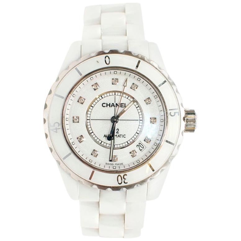 Chanel White Ceramic, Steel and Diamond J12 Watch