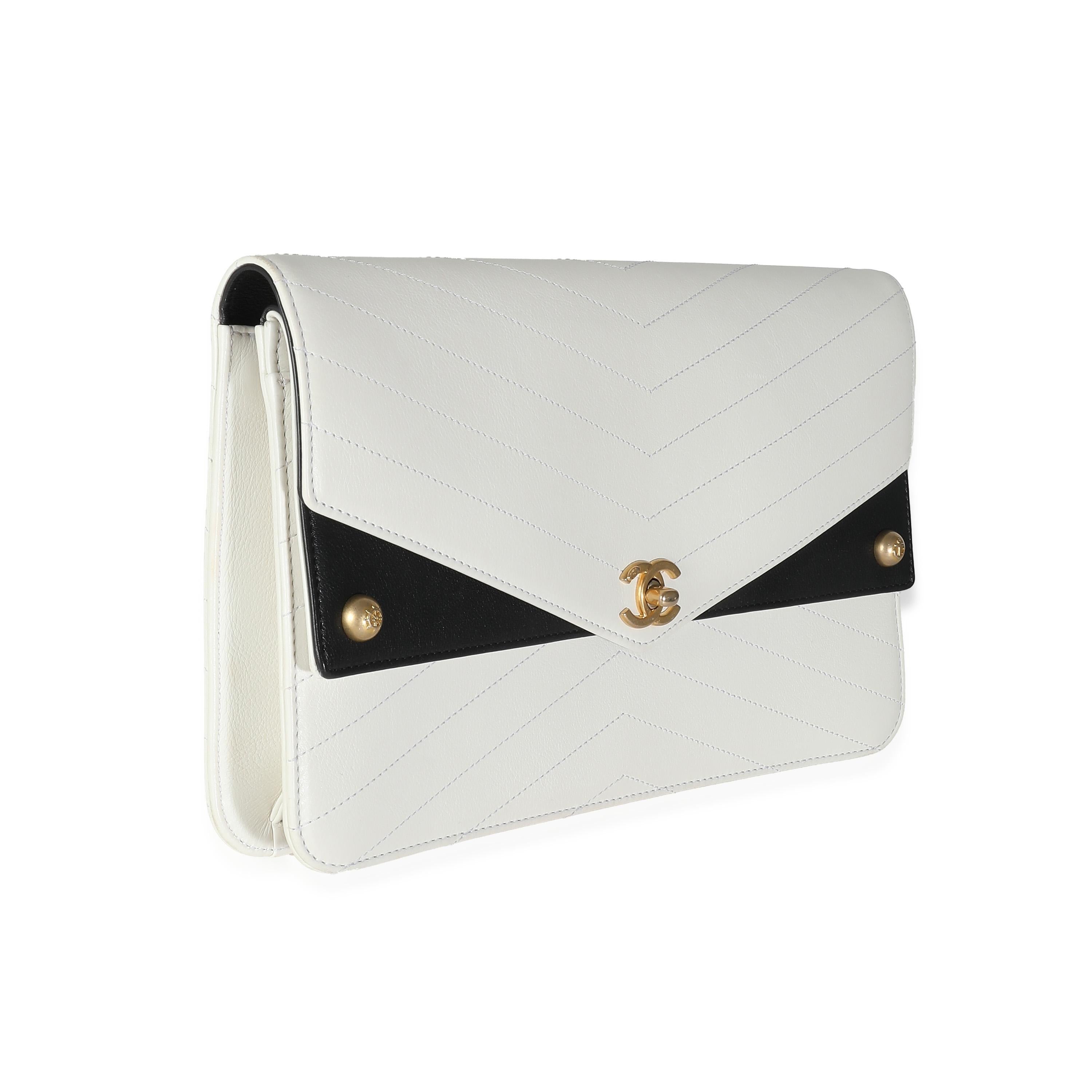 Gray Chanel White Chevron Calfskin Casual Trip Flap Clutch