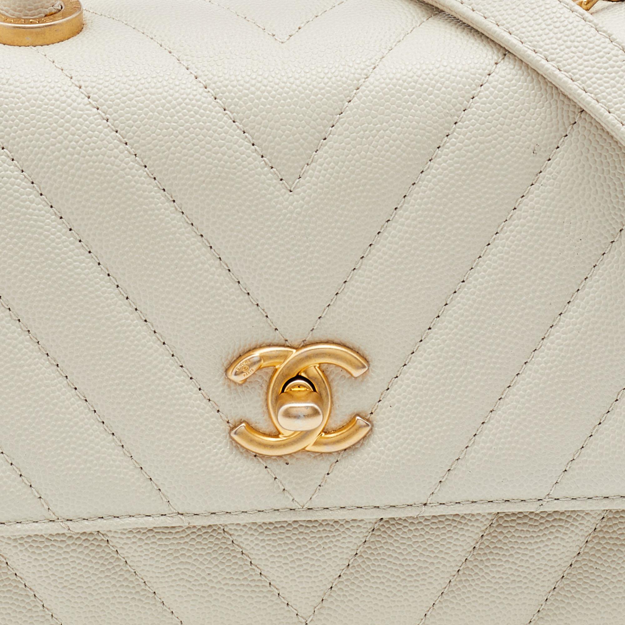 Chanel White Chevron Quilted Caviar Leather Mmall Coco Handle Bag 7