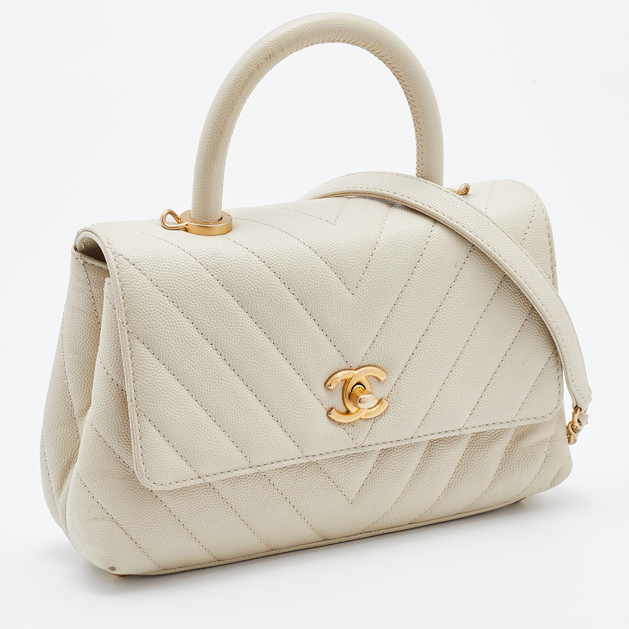 Women's Chanel White Chevron Quilted Caviar Leather Mmall Coco Handle Bag