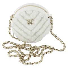 Vintage Chanel White Chevron Quilted Fur Round Crossbody Bag