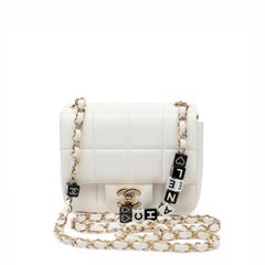 Chanel White Chocolate Bar Mini Flap Shoulder Bag w GH Logo Dice Chain Strap