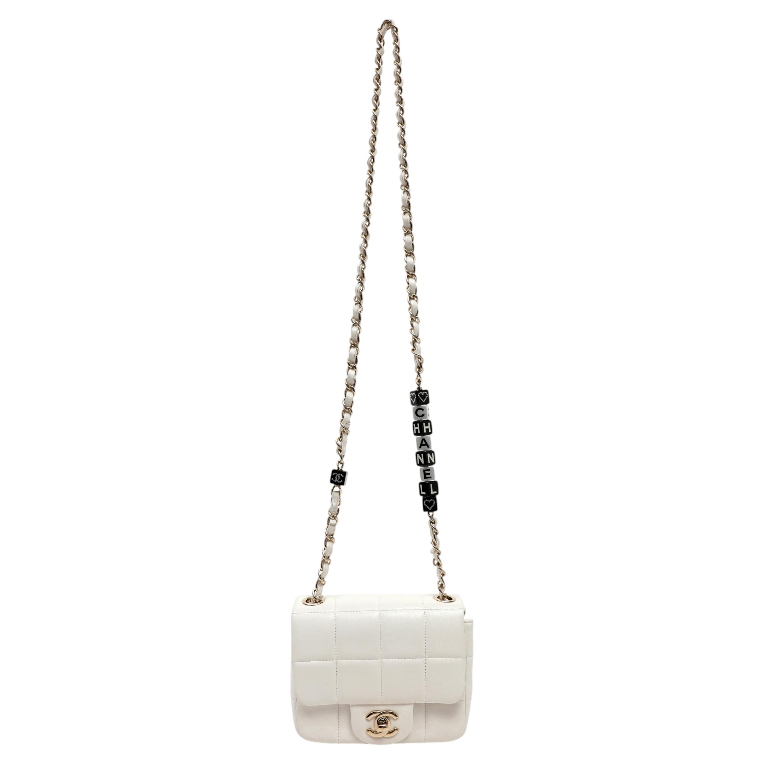 Chanel White Chocolate Bar Mini Flap Shoulder Bag Logo Dice Chain Strap
