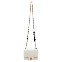 Chanel White Chocolate Bar Mini Flap Shoulder Bag w GH Logo Dice Chain Strap