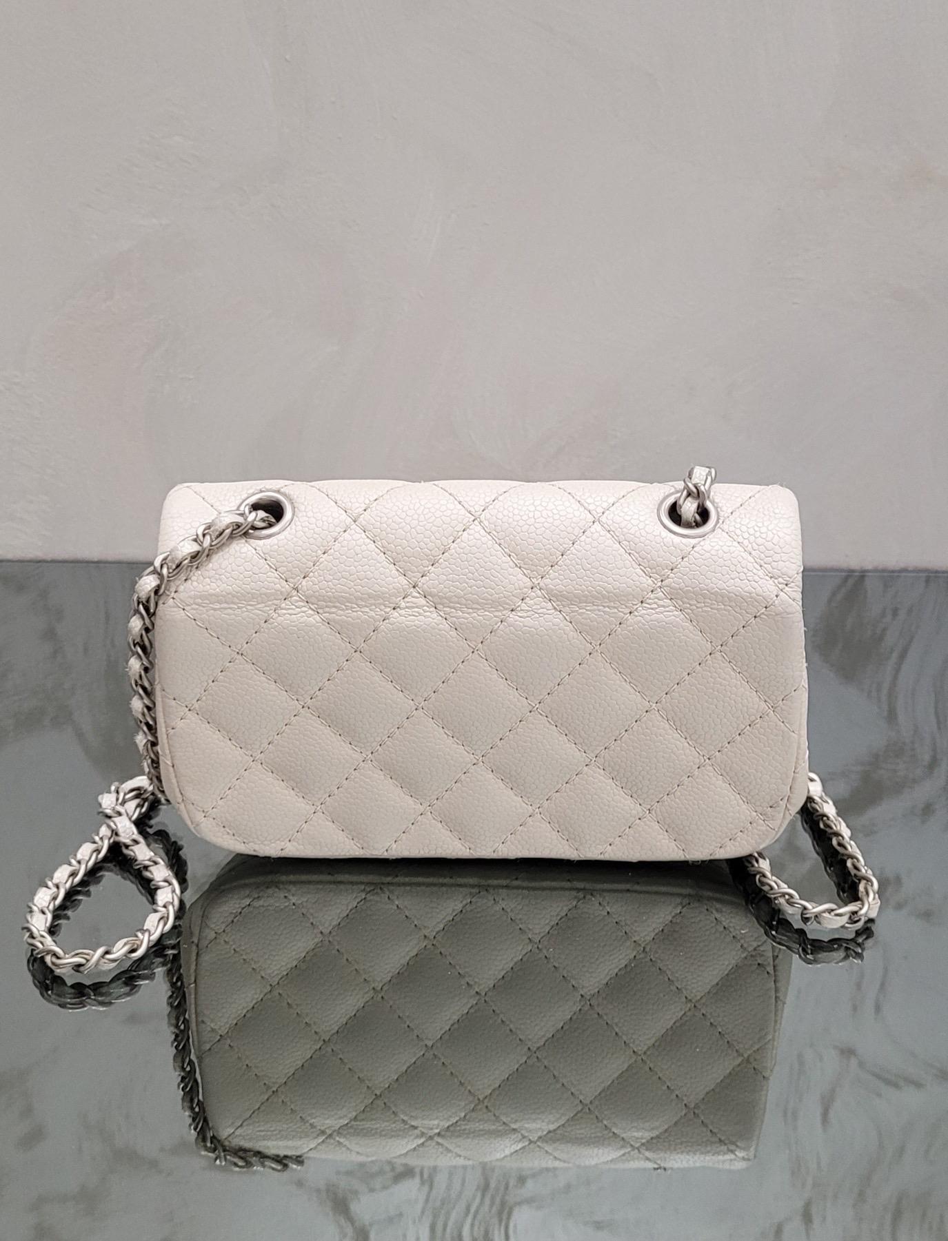 Chanel White Classic Single Flap Quilted Caviar Mini Bag 8