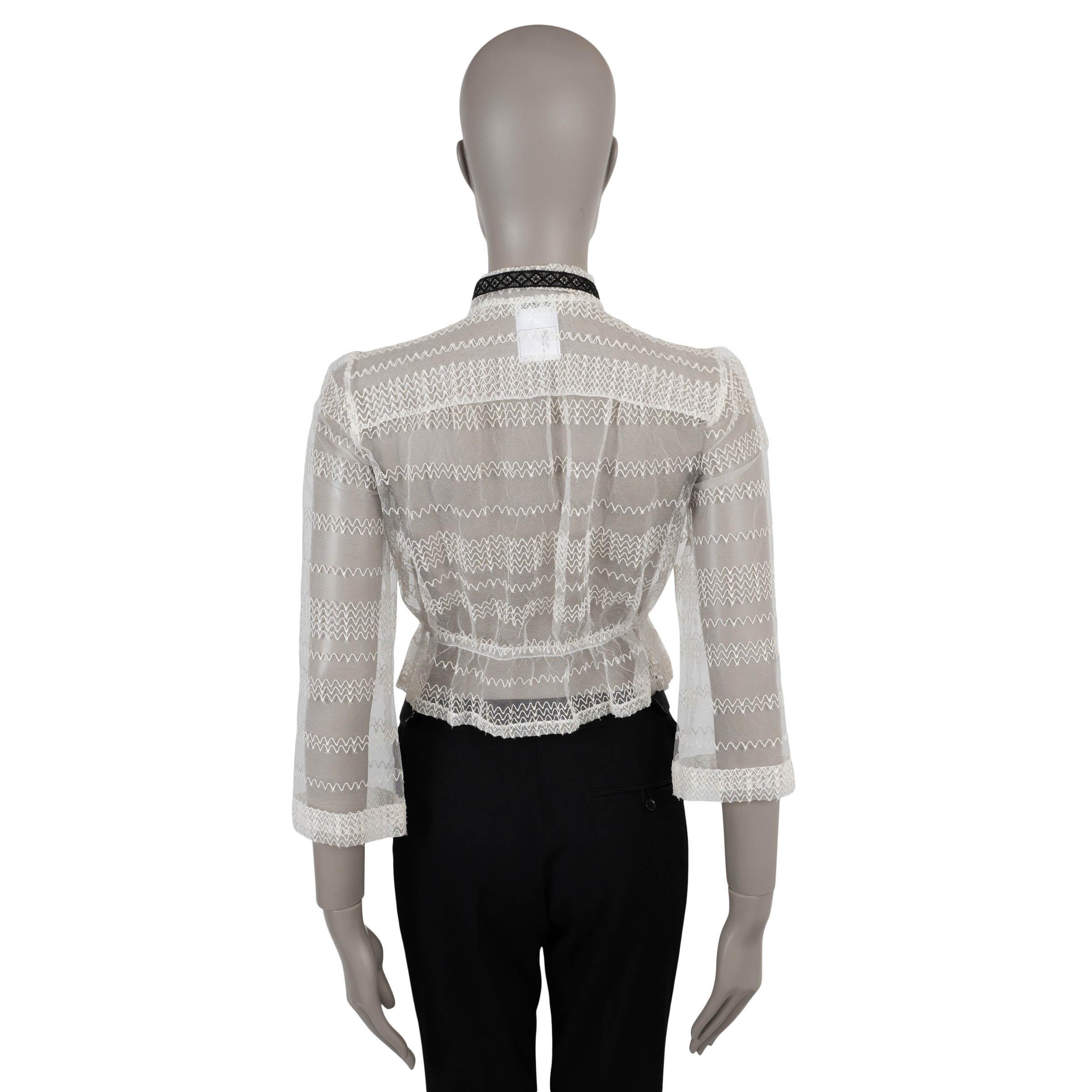 Gris CHANEL blanc coton 08P MESH PUSSY BOW Blouse Chemise 36 XS en vente
