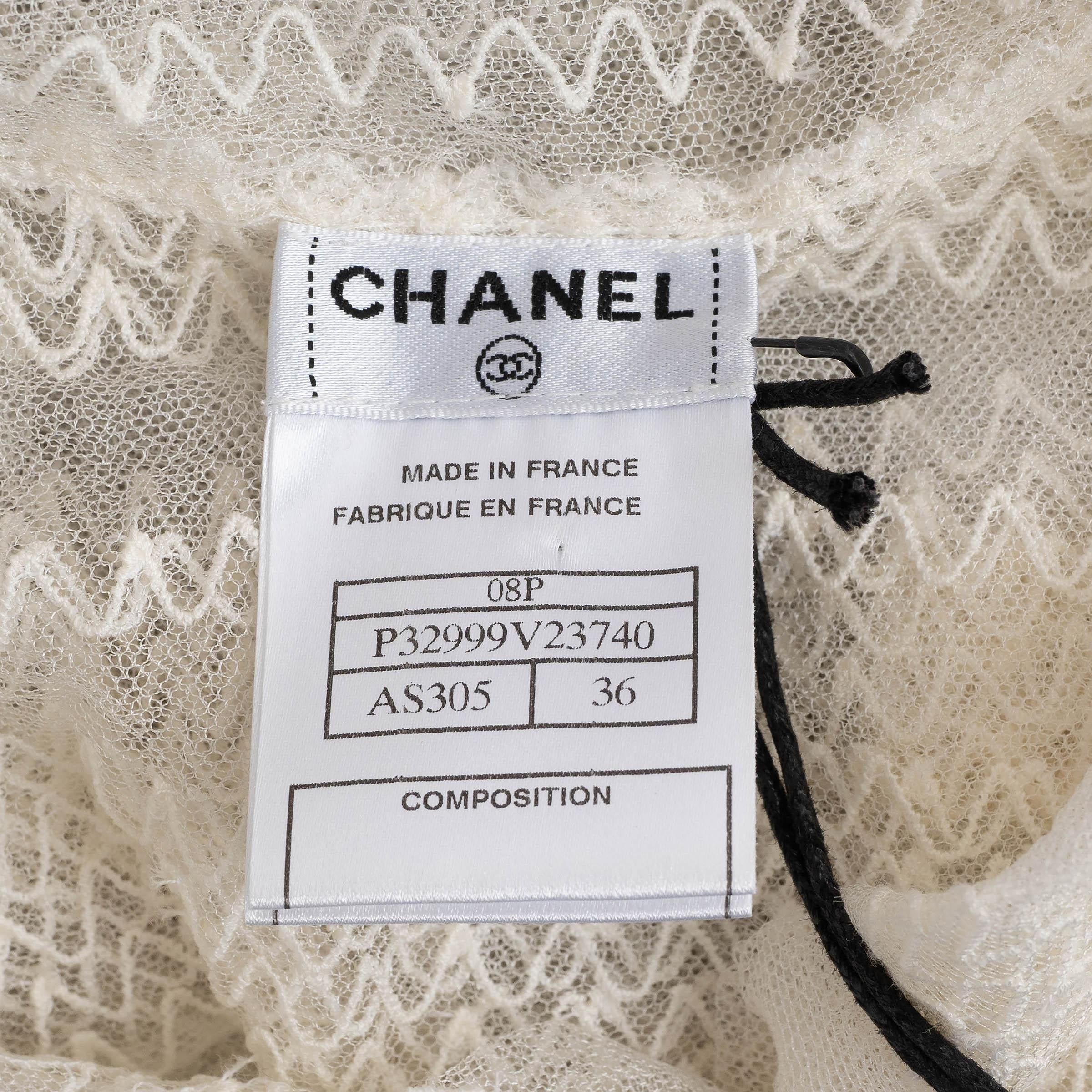 CHANEL blanc coton 08P MESH PUSSY BOW Blouse Chemise 36 XS en vente 2