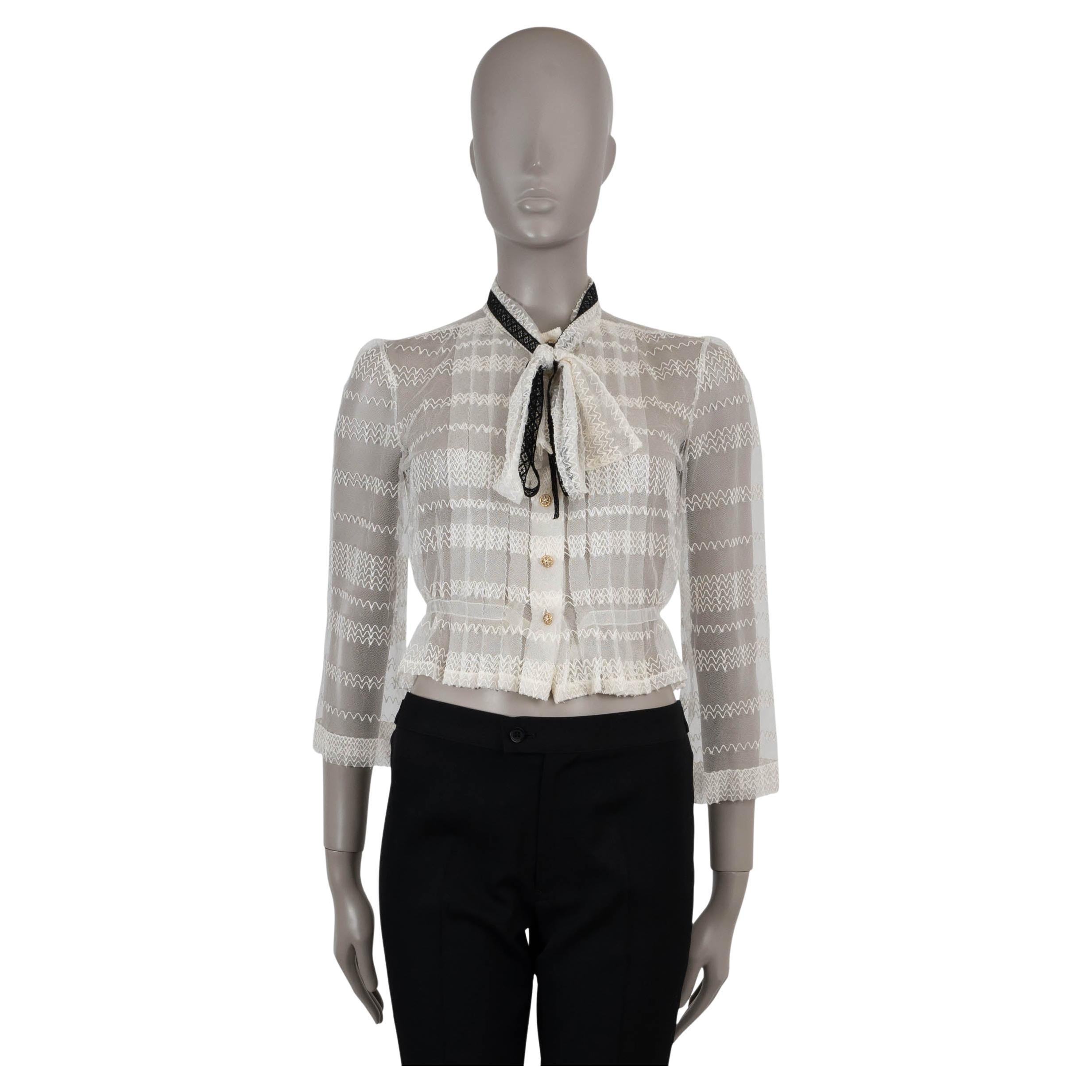 CHANEL blanc coton 08P MESH PUSSY BOW Blouse Chemise 36 XS en vente