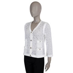 CHANEL white cotton 11S OPEN CROCHET KNIT Cardigan Sweater 40 M
