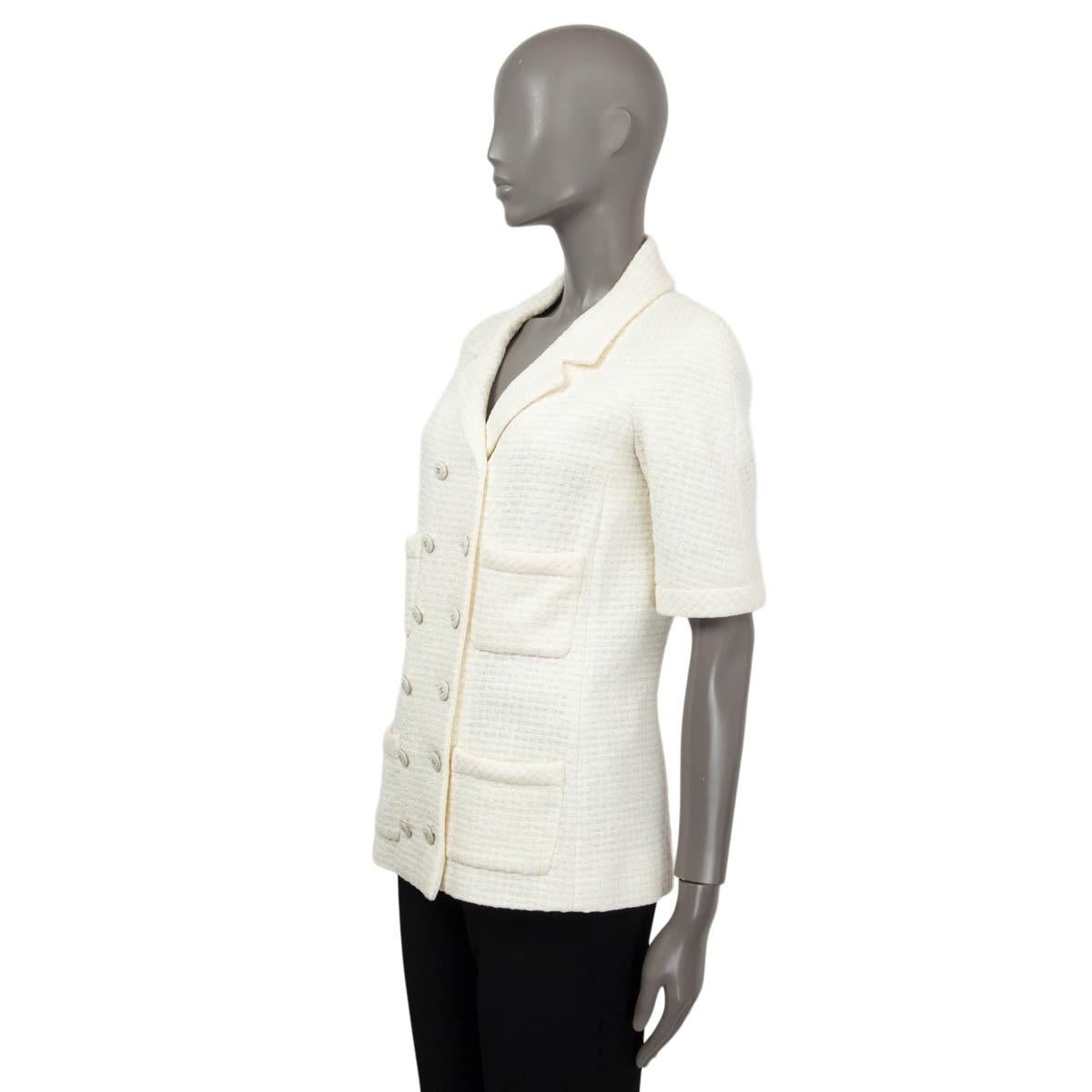Gray CHANEL white cotton 2014 14C SINGAPORE SHORT SLEEVE DOUBLE BREASTED Jacket 36 XS For Sale