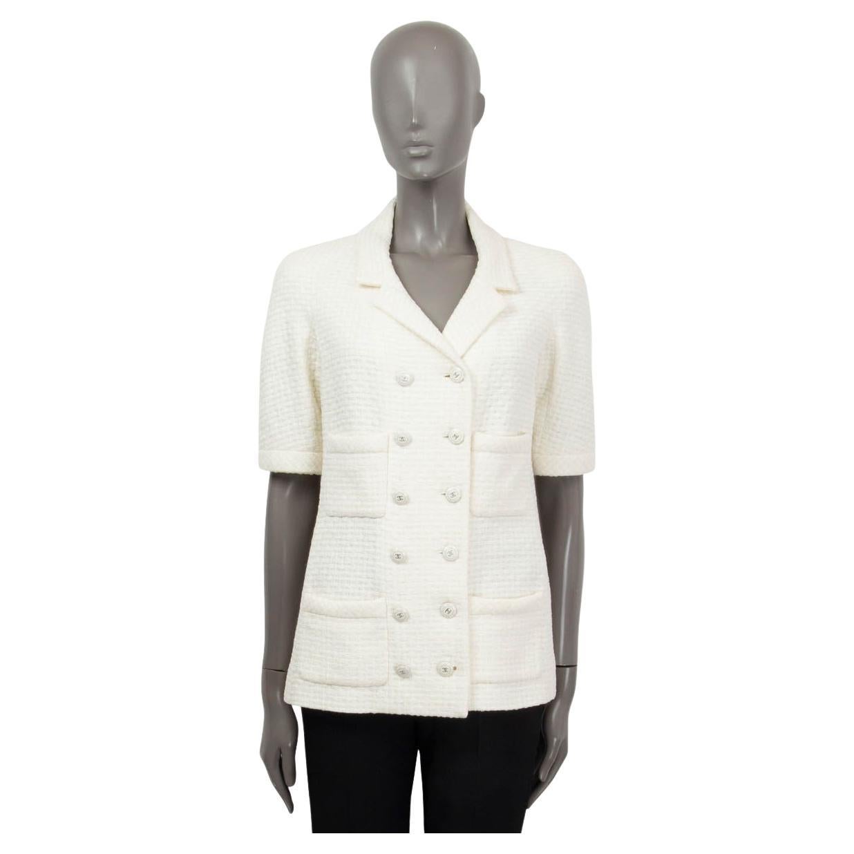 CHANEL white cotton 2014 14C SINGAPORE SHORT SLEEVE DOUBLE BREASTED Jacket 36 XS For Sale