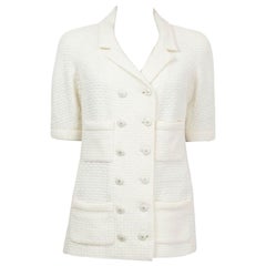 Chanel in cotone bianco 2014 14C SINGAPORE Giacca a maniche corte a doppio petto 40 M.