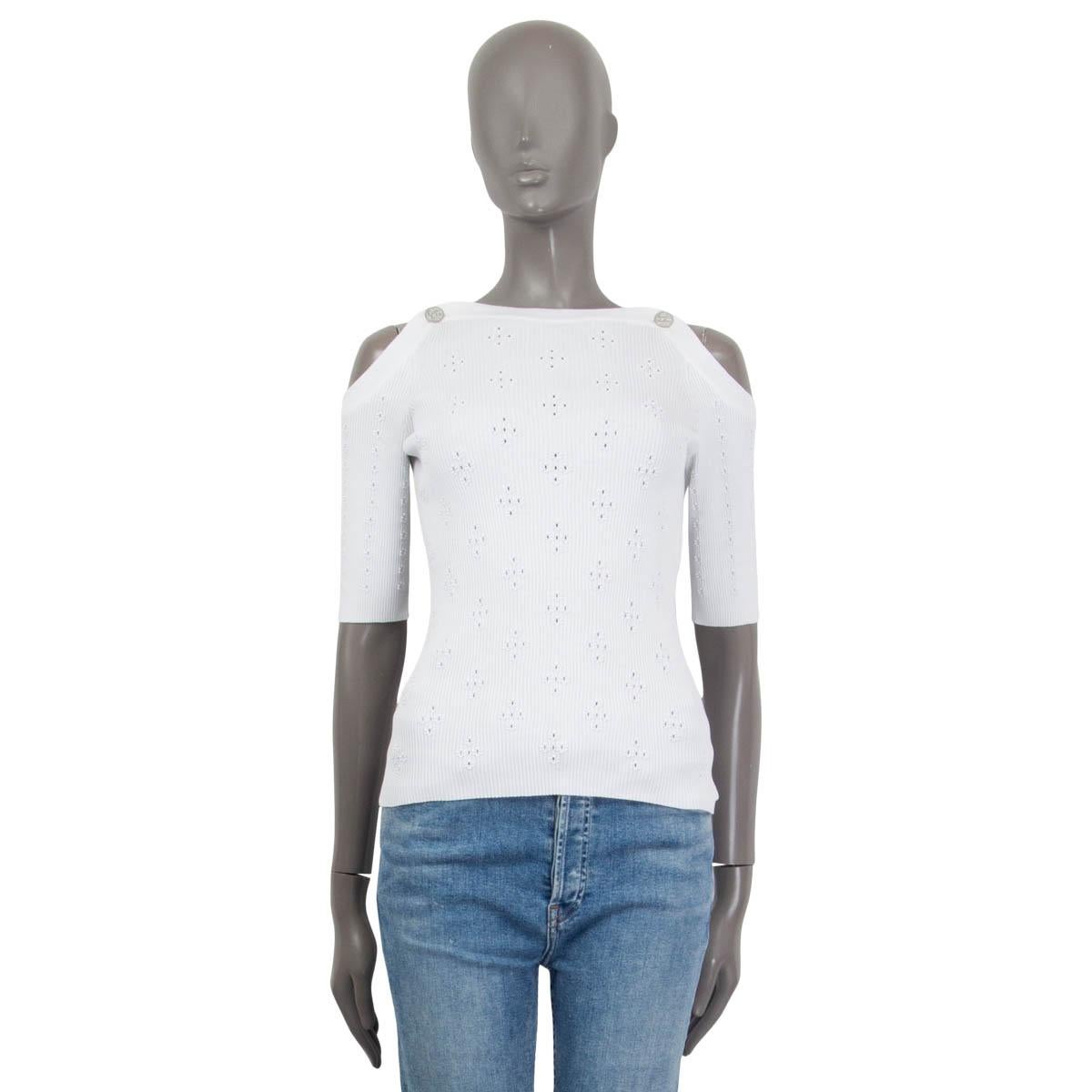 100% authentic Chanel Cruise 2017 cold shoulder rib knit top in white cotton (100%). Features faux buttons on the shoulders and short sleeves. Unlined. Has been worn once and is in virtually new condition.

Measurements

Tag Size	38
Size	S
Bust	64cm