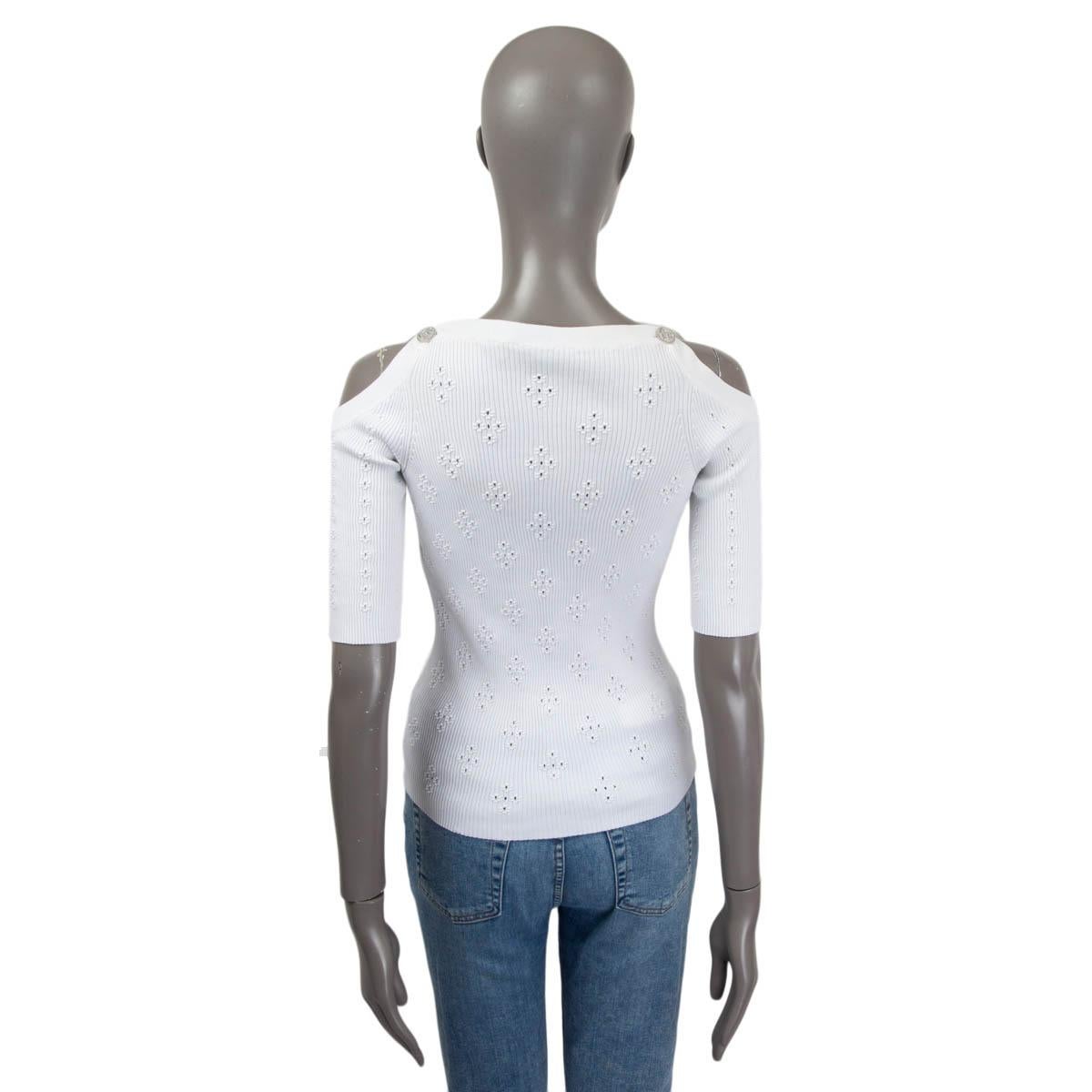 Gray CHANEL white cotton 2017 CUBA COLD SHOULDER RIB KNIT Shirt 38 S For Sale