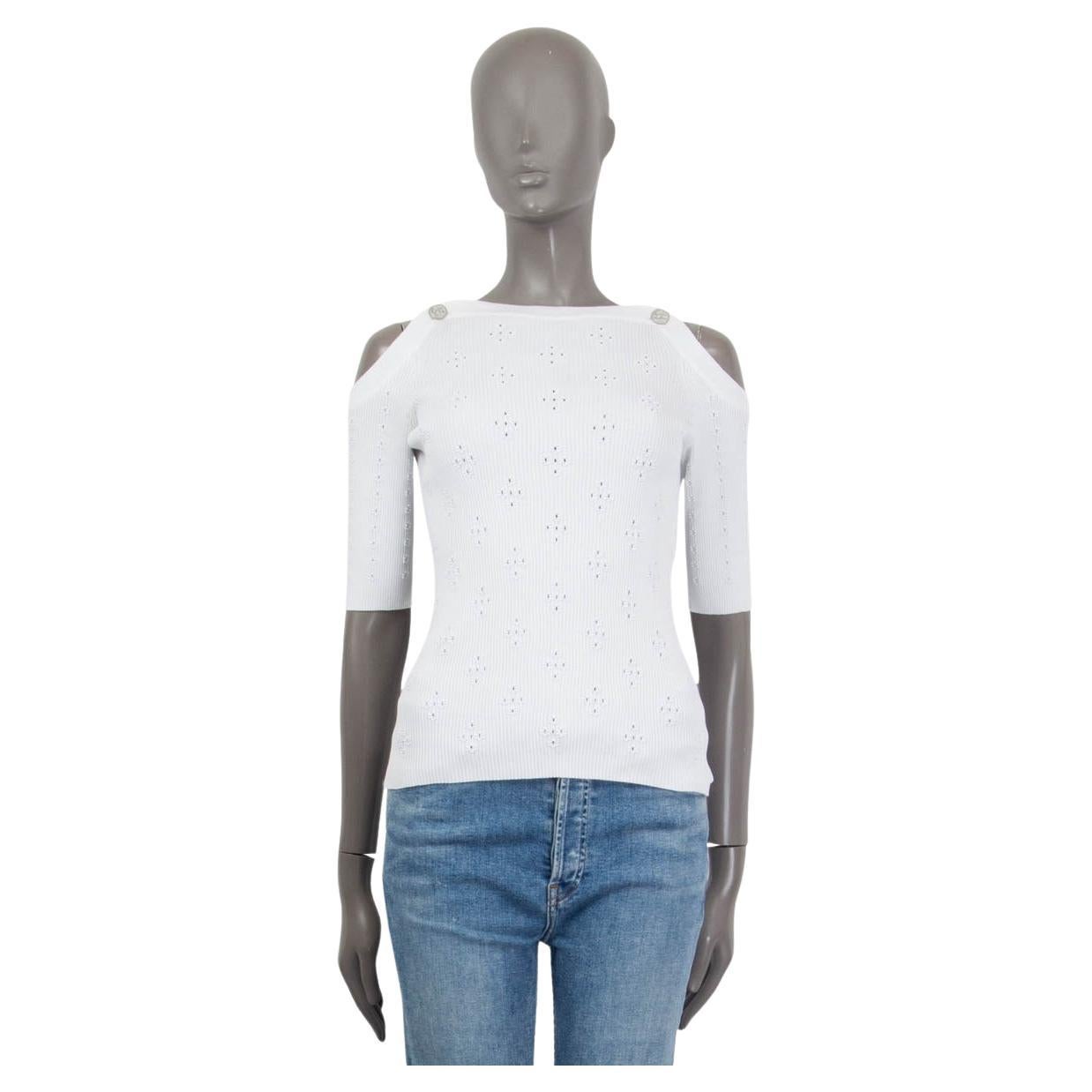 CHANEL white cotton 2017 CUBA COLD SHOULDER RIB KNIT Shirt 38 S For Sale