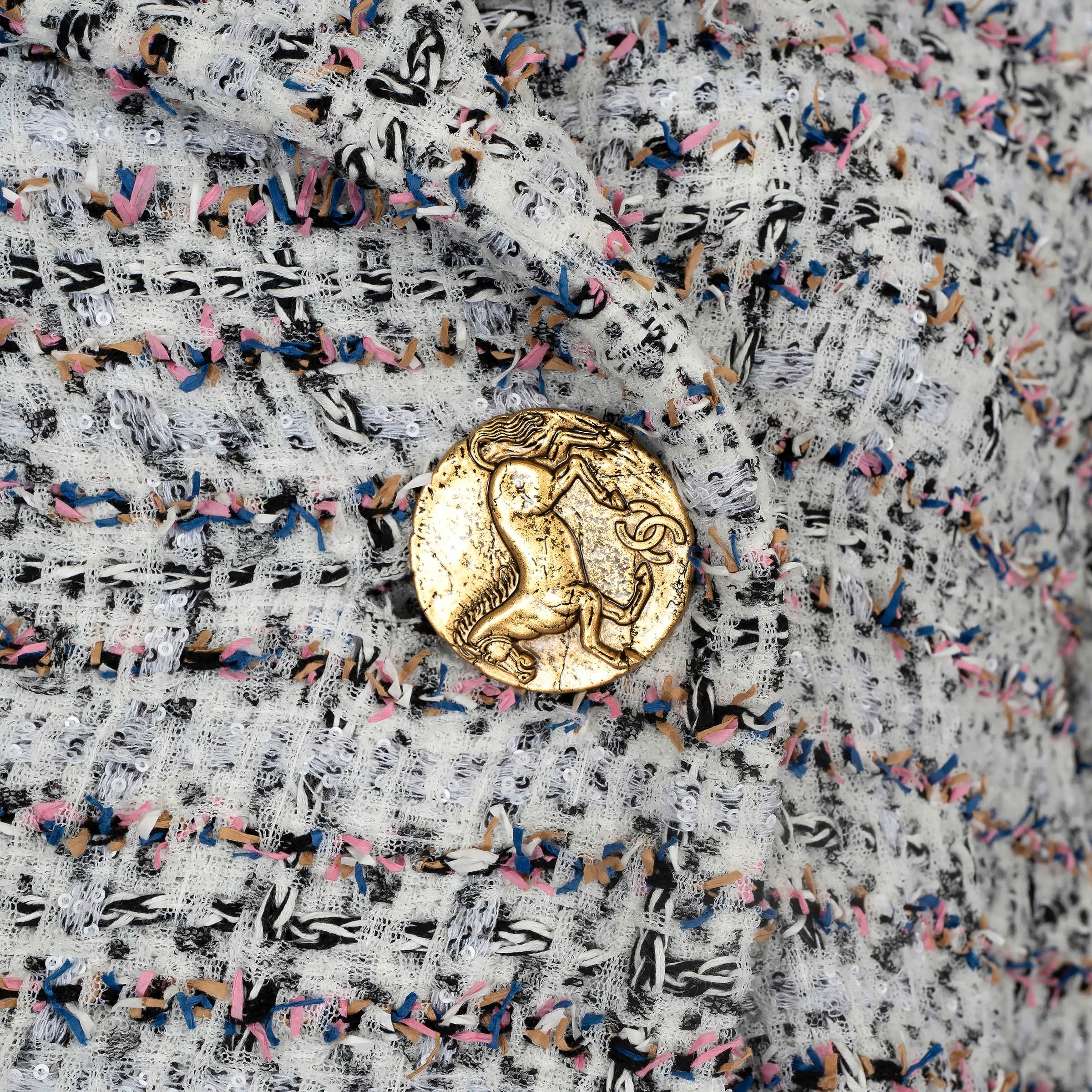 Donna CHANEL white cotton 2018 18C GREECE OVERSIZE SEQUIN TWEED Coat Jacket 38 S in vendita