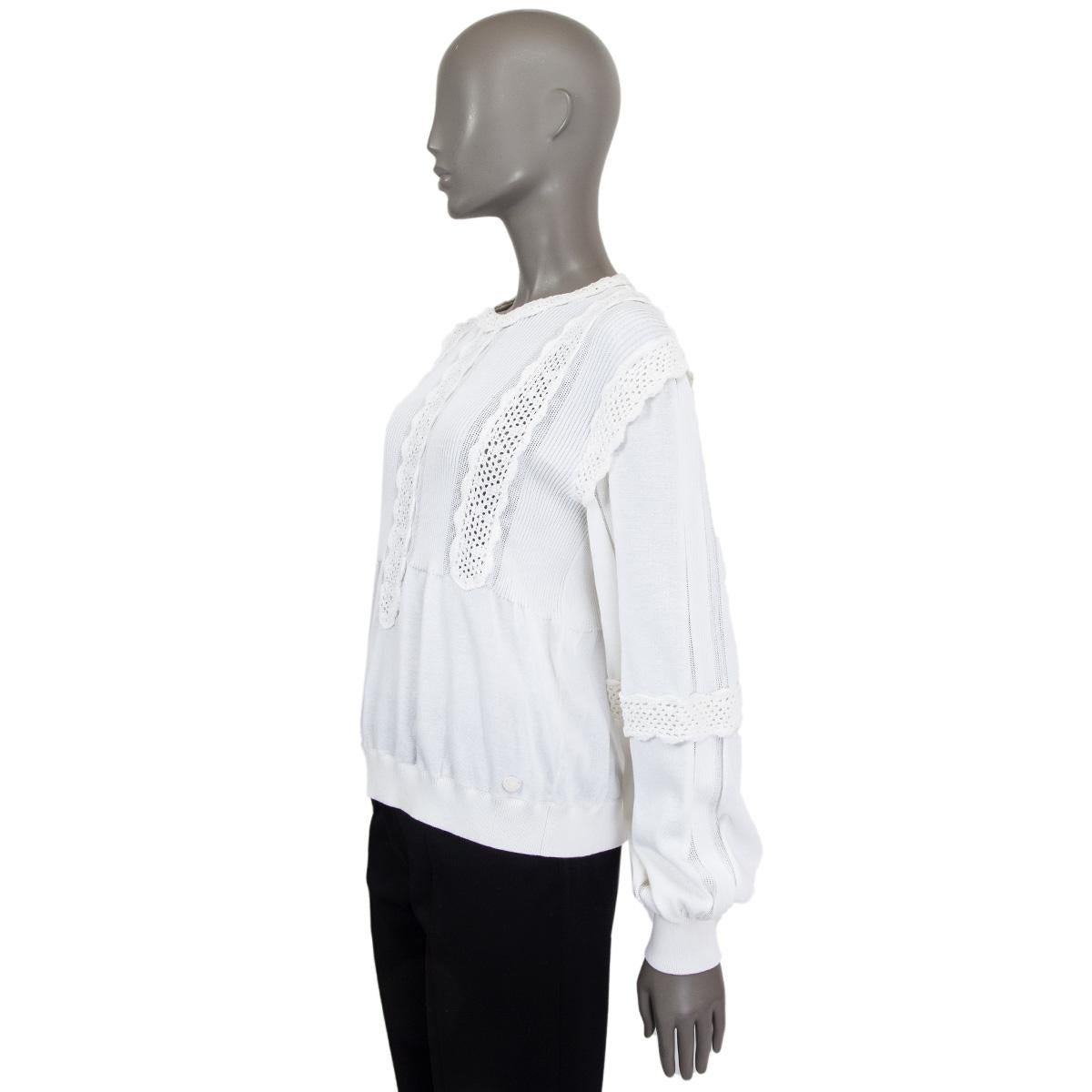 Women's CHANEL white cotton 2018 18P CROCHET TRIM Crewneck Sweater 38 S For Sale