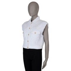 CHANEL white cotton 20P CAMELLIA QUILTED BOMBER Vest Jacket 36 XS
