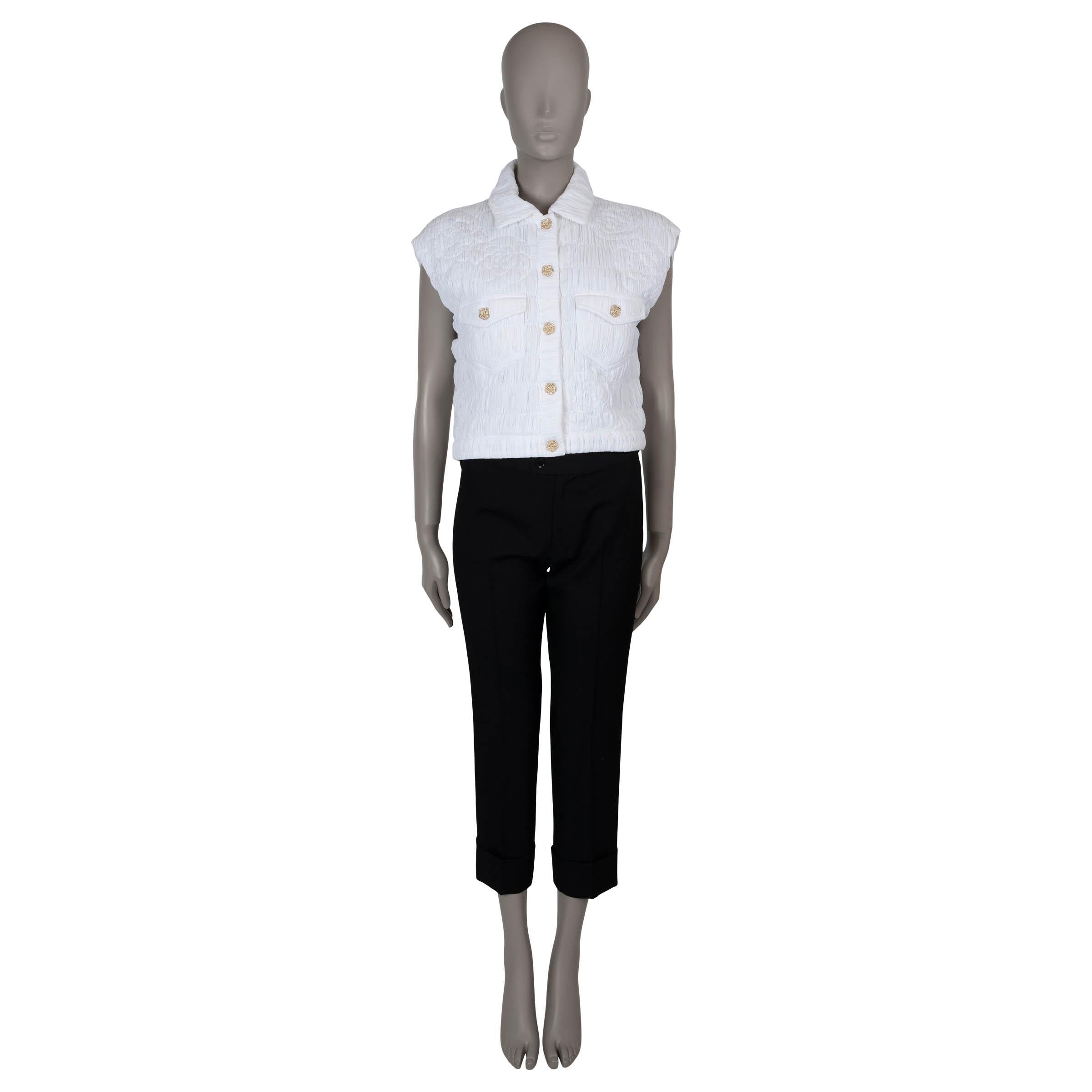 Women's CHANEL white cotton 20P CAMELLIA QUILTED BOMBER Vest Jacket 36 XS For Sale